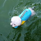 Pet dog with a leash and swimming life jacket